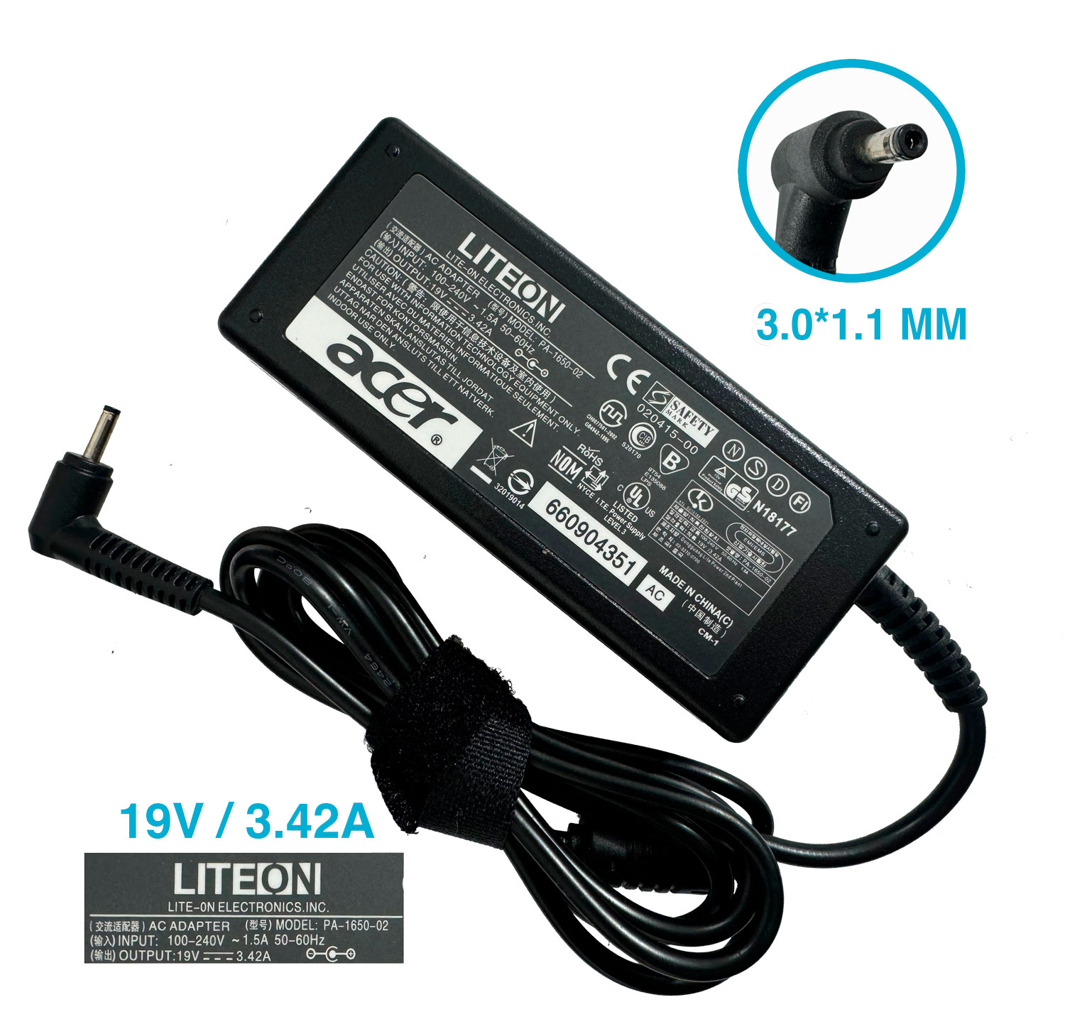 Cargador Original Laptop Acer 19v 3.42a Punta Fina 3.0*1.0mm